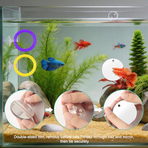 Floating Betta Hammock & Fish Toys Set,7Pcs Betta Fish Tank Accessories Mirror and Exercise Ring with Leaf Hammock Simulates Natural Habitat Comfortable Resting for Betta, Shrimp & Small Fish