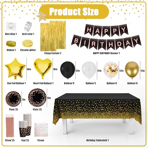 165 Pcs Black and Gold Birthday Decorations for Men and Women,Party Supplies Kit with Tablecloth,Paper Plates, Balloon, Happy Birthday Banner, Fringe Curtains, Cake Topper, Cups, for 25 Guests - style: Black and Gold