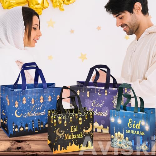 Aviski 4PCS Eid Mubarak Reusable Gift Bags, Treat Bags with Handles, Eid Mubarak Party Bags, Multifunctional Non-Woven Eid Bags for Gifts Wrapping, Party Supplies