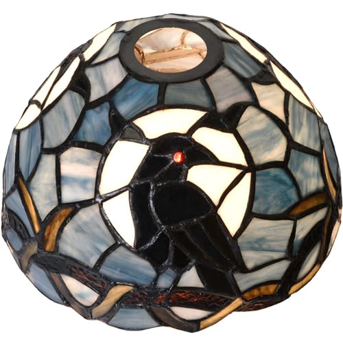 Bieye S12007 Raven Sitting on Bare Tree Tranch Against Full Moon Tiffany Style Stained Glass Lampshade (Dark Blue, 8Wx42mm Opening) - size: 8Wx42mm Opening