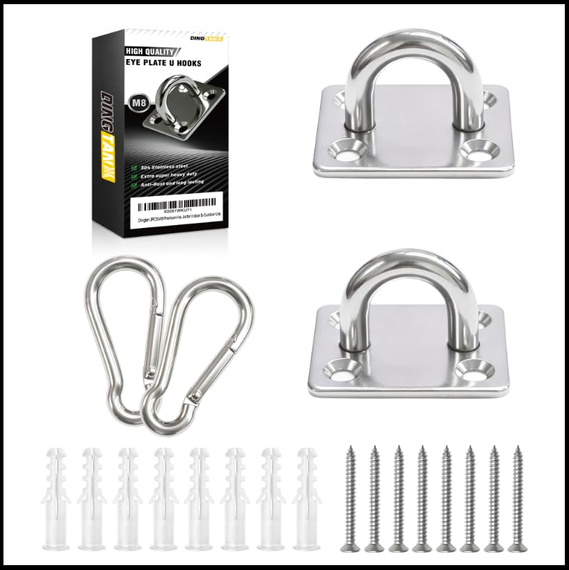 2Pcs M6 304 Stainless Steel Heavy Duty Pad Eye Plates w/Snap Hooks | Rustproof 304 SS Pad Eye Plates w/ Hooks, Heavy Duty for Indoor Outdoor Use, Fits Hammock Swing Yoga Sling Ceiling Mount - size: 2pk M8