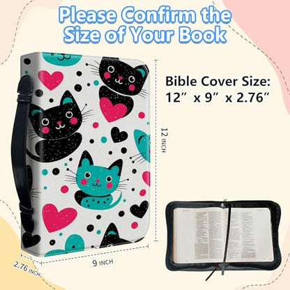 Bible Cover Case for Women, PU Leather Large Bible Cases with Zipper Fits Books Up to 12" x 9" x 2.76”, Bible Carrying Bag for Men, Cute Smiling Cat - color: Cute Smiling Cat