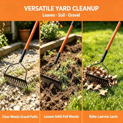 KOLEIYA 57" Heavy Duty Garden Rake – 14-Tine Bow Rake with Fiberglass Handle, for Soil Leveling, Mulch Spreading, Lawn Care & Debris Cleanup
