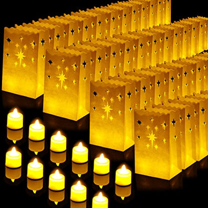 Sabary 50 Sets Luminary Bags with Flameless Tea Lights Outdoor Luminaries LED Lantern Candle Bags for Wedding Birthday Ramadan Christmas Party Decorations Romantic Decor(Firework) - style: Firework