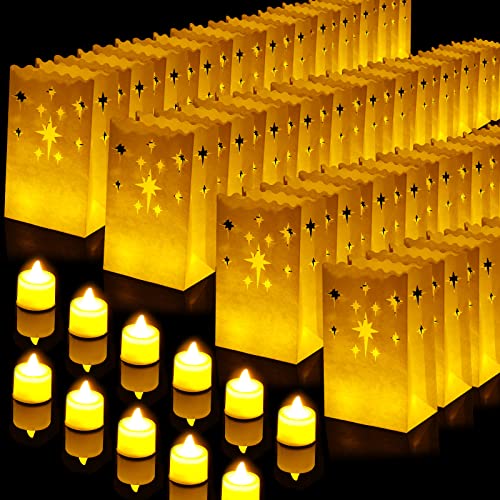 Sabary 50 Sets Luminary Bags with Flameless Tea Lights Outdoor Luminaries LED Lantern Candle Bags for Wedding Birthday Ramadan Christmas Party Decorations Romantic Decor(Firework) - style: Firework