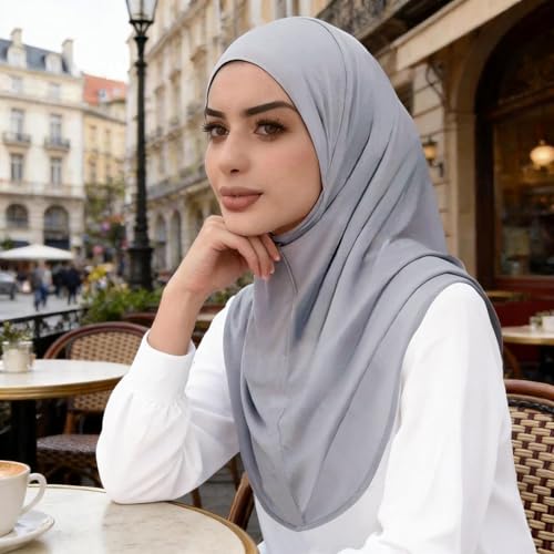 Instant Hijab Ready To Wear Hijab Scarf for Women Soft Long Muslim Jersey Hijabs Head Scarf for Prayer Abaya - color: Grey