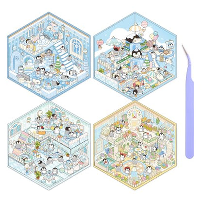 Girls 3D Miniature Scene Stickers, 4 Sets Penguin Holiday DIY House Stickers for Sweet World,Fun Beach,Flower Room,Home Diary, Cute 3D Cartoon Scene Stickers for Adult Kids Relief Stress Pass The Time - style: Penguin Holiday