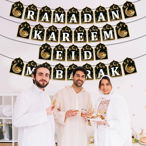 WATINC 4pcs Ramadan Kareem Banner Eid Mubarak Decoration, Ramadan Hanging Banners Decor, No DIY Needed Eid Mubarak Al-Fitr Iftar Party Favor Hang Bunting Supplies for Home Tree Fireplace Wall 10 Feet