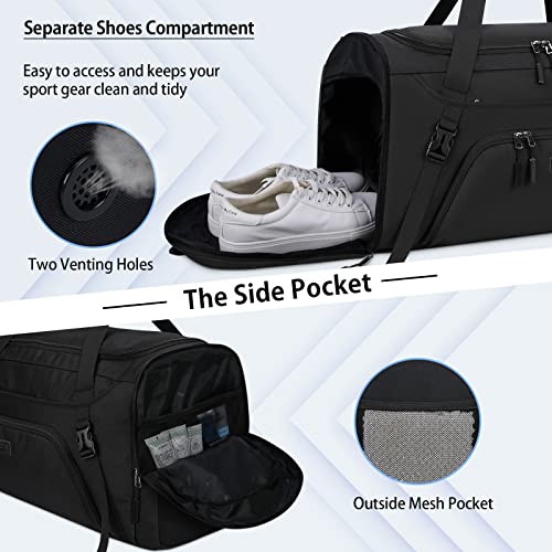 Gym Duffle Bag for Women Men 55L Waterproof Sports Bags Travel Duffel Bags with Shoe Compartment,Wet Pocket Large Weekender Overnight Bag with Toiletry Bag,Black - size: 55L