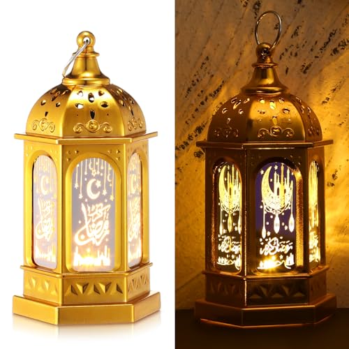 Threan 2 Pcs Ramadan Lantern Lights LED mini Eid Mubarak Lantern Gifts, Ramadan Decorations for Home Table Wall Eid Centerpieces Decor (Gold Moon) - color: Gold Moon