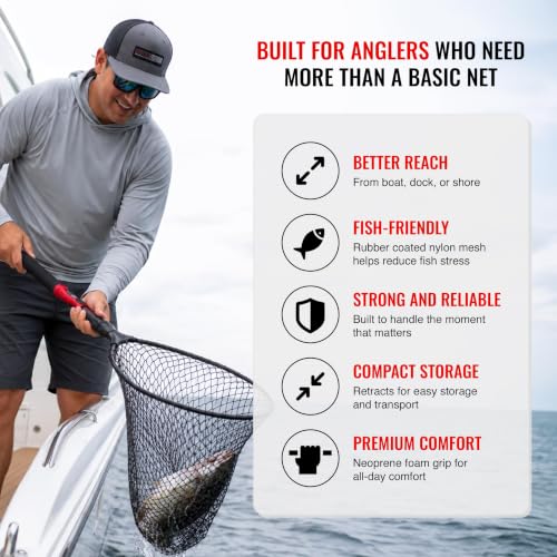 EGO S2 Slider Fishing Net Handle | Adjustable Extension Handle, Minimal Water Drag Design, Ergonomic Foam Grip for Landing Nets - size: 29" to 60" Handle, 22” x 23” Hoop, style: Rubber Coated Nylon Mesh