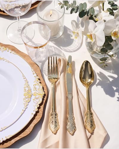 Nervure 350PCS Gold Plastic Dinnerware - White and Gold Disposable Plates for 50 Guests - 100 White Disposable Plates, 150 Plastic Silverware, 50 Cups, 50 Napkins for Wedding & Party & Graduation - color: Gold, style: 350Pcs(50Guests)