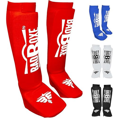 Twister Muay Thai Boxing Kickboxing Karate Shin Guard Taekwondo MMA | Elastic Cotton Cloth Shin & Instep Padded Guards | Shin in Steps Shin Guards Pair - color: Red/White, size: Small-Medium