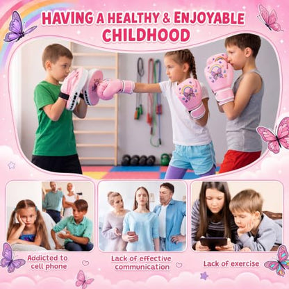 Boxing Gloves and Punching Mitts Set 4oz Gloves Boxing Pads Kids Youth Sparring Gear Training Equipment for Taekwondo Kick Karate Muay Thai MMA Martial Art - style: Pink Butterfly