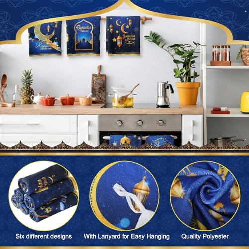 Mixweer 라마단 무바라크 주방 타월 Eid al Fitr 접시 타월 블루 골드 티 핸드 타월 파티 욕실 주방 홈 액세서리용, 6피스 40.6 x 61cm(16 x 24인치)