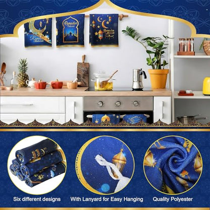 Mixweer 라마단 무바라크 주방 타월 Eid al Fitr 접시 타월 블루 골드 티 핸드 타월 파티 욕실 주방 홈 액세서리용, 6피스 40.6 x 61cm(16 x 24인치)
