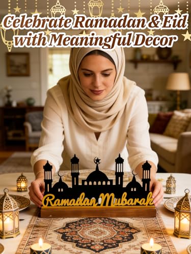Enlarged 15.7in Metal Ramadan Mubarak Table Sign - Eid Decorations for Home, Black Palace with Gold Letters, Muslim Dinner Centerpieces for Islamic Gifts Parties Kitchen - style: Golden Letters