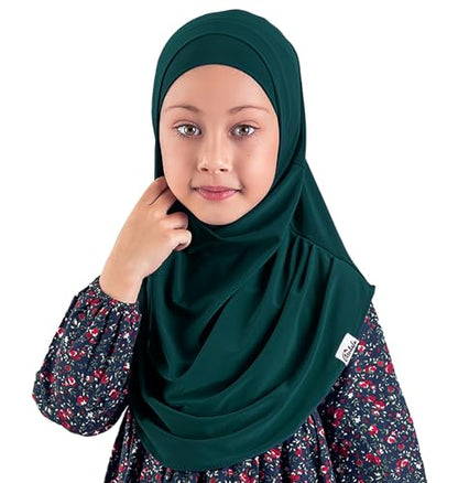 Modefa Islamic Girl Child Practical Amira Hijab Two Piece Muslim Scarf & Bonnet - Instant Easy Hijab - color: Emerald Green