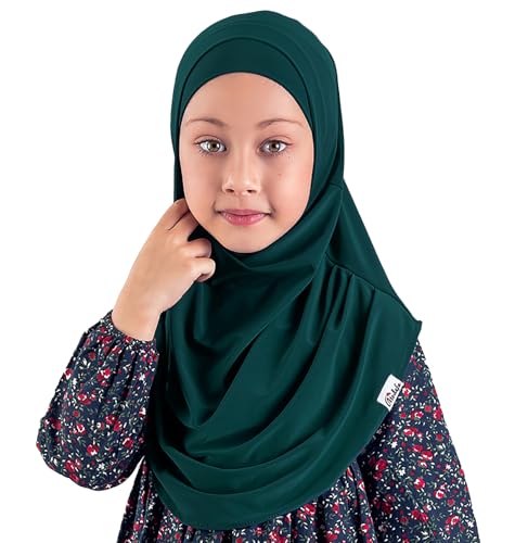 Modefa Islamic Girl Child Practical Amira Hijab Two Piece Muslim Scarf & Bonnet - Instant Easy Hijab - color: Emerald Green