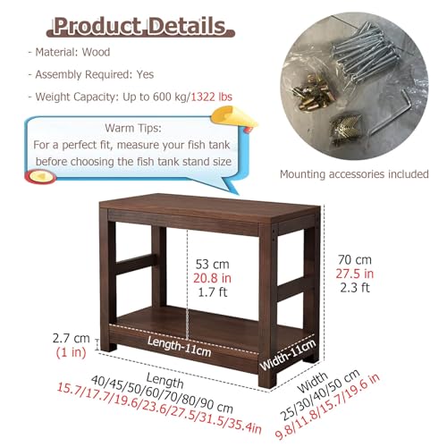 20 30 40 55 70 Gallon Long Aquarium Stand - Reptile Breeder Turtle Terrarium Stand Rack - 70cm Tall Aquarium Stand Furniture/Double Fish Tank Stand with Shelf（Brown-lxwxh-15.7x9.8x27.5）