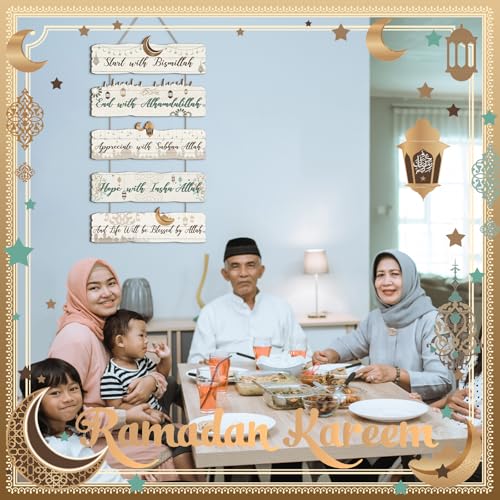 Patelai 5 Pcs Eid Ramadan Islamic Wooden Wall Decor Eid Decorations for Home Start and End with Allah Wall Art Allah Pediment Inspirational Hanging Plaque Wreath for Islamic Muslim Supply(White)