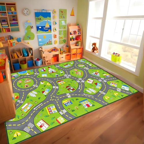 Kids Area Rugs for Bedroom 8 x 10 Feet, Car Rug for Kids Green Educational Learn City Map Road Rug Decorate Classroom Preschool Living Room Playroom - color: Multi 127 Green, size: 6' x 8' (Rectangular)