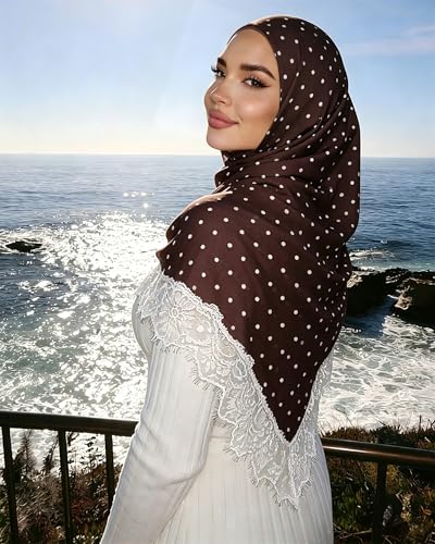 JUMISEE Elegant Floral Lace Hijab Scarf for Women Soft Cotton Head Wrap Instant Hijab Long Scarves Evening Dress Shawl - color: Coffee Polka Dot