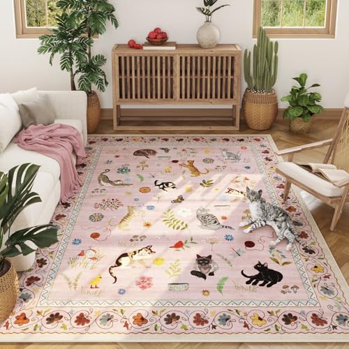 Rugcomf Area Rug 5x7 for Living Room Washable Floral Animal Cat, Pink - color: Pink/Cat, size: 5' x 7' (Rectangular)