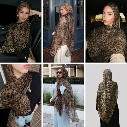 ZGMYC Watercolour Floral Printed Hijab Scarf for Women Soft Modal Cotton Instant Hijab Head Wraps Shawls Long Scarves - color: Brown Leopard Print