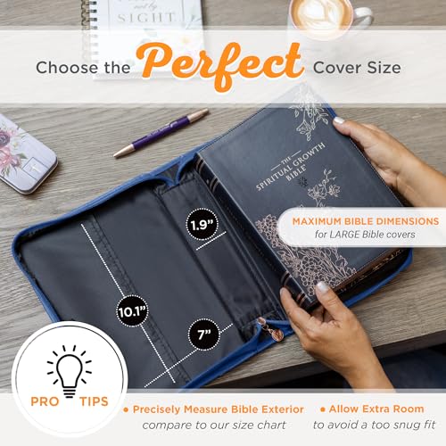 Christian Art Gifts Vegan Leather Fashion Bible Cover Carry Case for Women: Seek First the Kingdom of God - Mat. 6:33 Inspirational Scripture Verse w/Pockets, Pen Storage & Gold, Metallic Blue, Large - size: Large