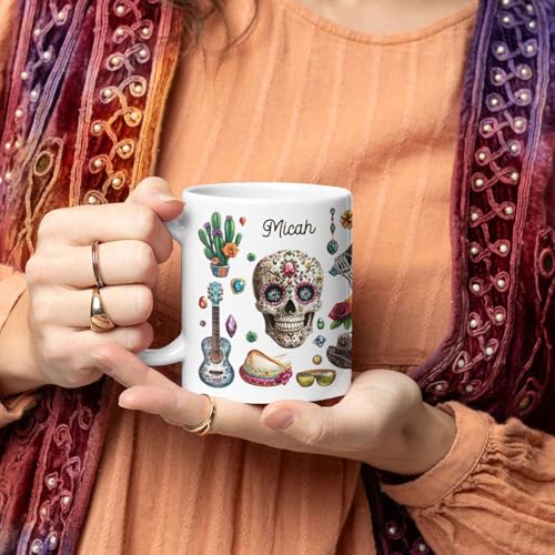 Personalized Name Ceramic Cup, Custom Artistic Skull Coffee Mug, Customized Mexican Inspired Full Wrap Cup, Vibrant Floral And Cactus White Cup 11oz 15oz, Gift For Friends Family - color: XUA-1124-3659-Mexican Holiday Mug