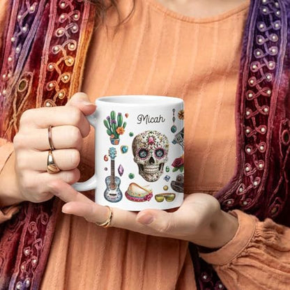 Personalized Name Ceramic Cup, Custom Artistic Skull Coffee Mug, Customized Mexican Inspired Full Wrap Cup, Vibrant Floral And Cactus White Cup 11oz 15oz, Gift For Friends Family - color: XUA-1124-3659-Mexican Holiday Mug