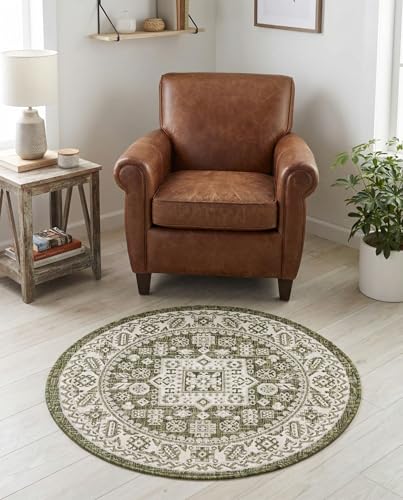 Rugs.com - Outdoor Aztec Rug – 3 Ft Round Green Washable Indoor/Outdoor Rug – Perfect for Patios, Decks, and Porches - color: Green, size: 3' (Round)