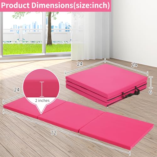 BLKMTY Gymnastics Mat, 2"x6' Folding Exercise Yoga Mat for Kids Tumbling | PU Leather Workout Mat, with Carrying Handles, For Home Gym Aerobic Fitness - color: Pink