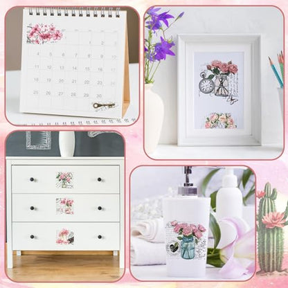 WANDIC 10 Sheets Rub On Transfer Sticker, Pink Flower Stickers Waterproof Transfer Decals for DIY Scrapbooking Photo Albums Furniture,11.8 * 3.9in - color: Pink Flower