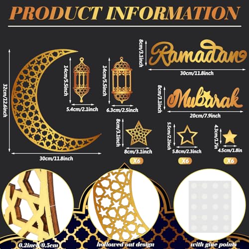 Geelin 23 Pcs Ramadan Decorations for Home 2026 Eid Ramadan Kareem Mubarak Wall Decor Islamic Wooden Gold Moon Star Lantern Wall Art Sign for Living Room Bedroom Muslim Arabic Party Supplies(Mubarak) - style: Mubarak