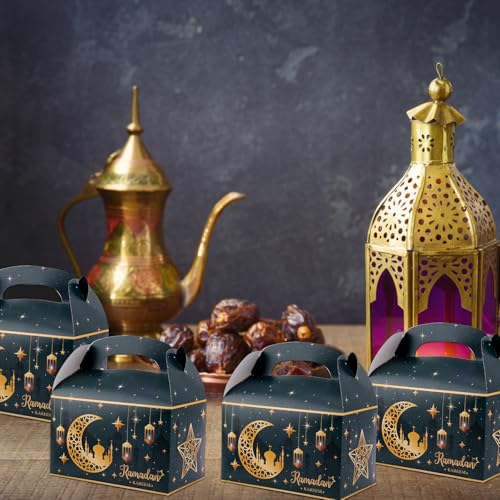 Gosknor 12pcs Ramadan Gift Box, Ramadan Mubarak Gift Box Foldable Paper Goodie Boxes for Presents Party Favor Boxes Eid Al Fitr Gift Boxes for Candy Goodies Gifts Muslim Party Supplies