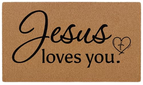 Jesus Loves You Christian Door Mat, Bible Verse Scripture Welcome Front Door Mat Indoor Outdoor Entrance, Rustic Artificial Coir Religious Doormat Rugs for Church Prayer Room Entry Decor 30x17in - color: Jesus Loves You
