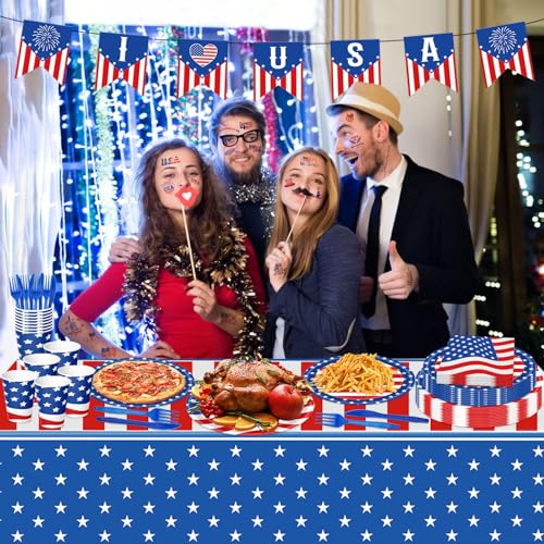 108PCS 4th of July Party Supplies American Flag Tableware Set Forth of July Patriotic Party Decorations Patriotic Paper Plates and Napkins Tablecloth Memorial Independence Day Dinnerware for 16 Guests - style: 4th of july