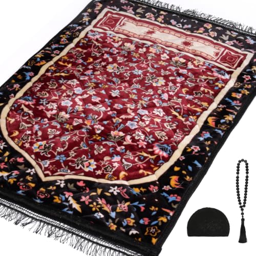 Muslim Prayer Rug with Tasbih Prayer Beads & Kufi Hat, Padded Very Thick Prayer Rug Sajadah for Men and Women (Black1) - color: Black1