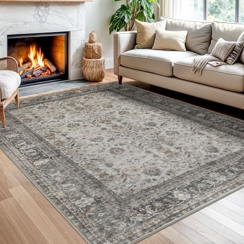 SIILOOM 5x7 Area Rug for Bedroom, Ivory Grey Large Vintage Tribal Rug with Slip-Resistant, Non-Shedding Washable Area Rugs for Living Room, Soft Tribal Floral Carpet for Office Home Décor - color: Ivory/Grey, size: 5' x 7' (Rectangular)