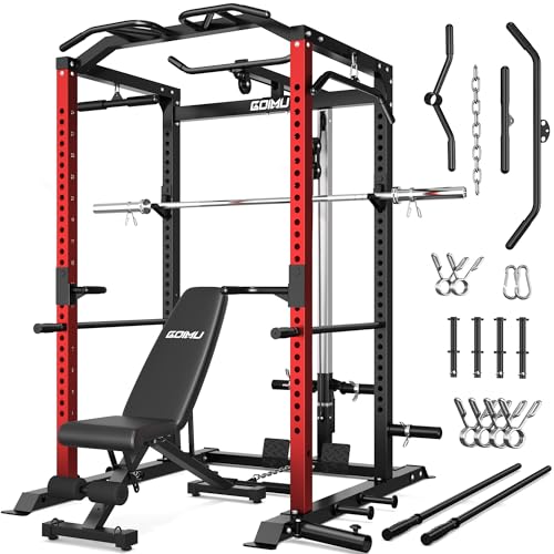 C1-V4 Power Cage, 2000LBS Squat Rack with LAT Pulldown, Multi-Function Weight Cage Strength Training Machine, Workout Cage with More Attachments for Home Gym Garage - style: RD Home Gym Package