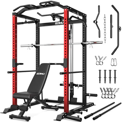 C1-V4 Power Cage, 2000LBS Squat Rack with LAT Pulldown, Multi-Function Weight Cage Strength Training Machine, Workout Cage with More Attachments for Home Gym Garage - style: RD Home Gym Package