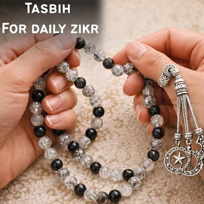 Amazing Gemstone Black Rutilated Quartz Tasbeeh with Moon and Star Charm - Certified Crystal Muslim Prayer Beads Natural Gemstone Tasbih Gift for Ramadan Dhikr and Daily Namaz (S) - color: Black Rutilated Quartz