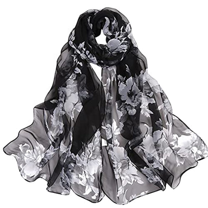 E-Clover Women Soft Floral Print Shawl Chiffon Sheer Scarf - color: Black White Floral
