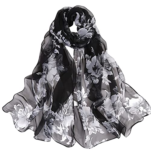E-Clover Women Soft Floral Print Shawl Chiffon Sheer Scarf - color: Black White Floral