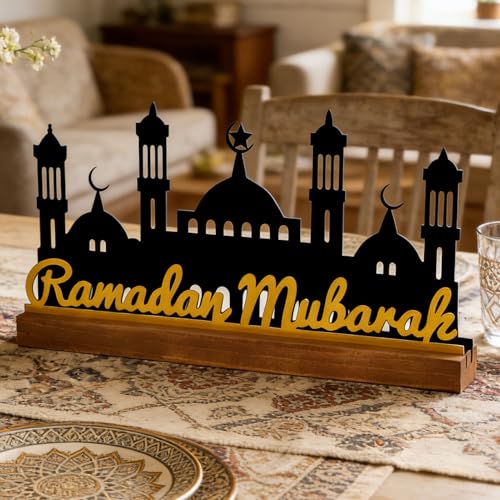 Enlarged 15.7in Metal Ramadan Mubarak Table Sign - Eid Decorations for Home, Black Palace with Gold Letters, Muslim Dinner Centerpieces for Islamic Gifts Parties Kitchen - style: Golden Letters
