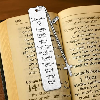 Bible Bookmark with Cross Charm, Christian Bible Bless Verse Engraved Stainless Steel Page Marker, 2025 Year Tag, Gift Box — Graduation, Confirmation, Baptism, Teacher, Women Men, Book Lover Gifts