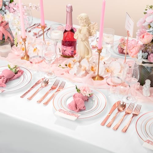 Supernal 400pcs Rose Gold Plastic Plates Disaposable Heavy Duty included Disposable Utensils& Plastic Party Plates Disaposable Party Cups and Napkins Sets for Valentine's Day Mother's Day and Easter - color: 400pcs White and Rose Gold Plastic Plates Disap