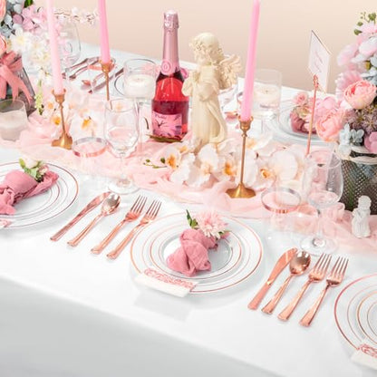 Supernal 400pcs Rose Gold Plastic Plates Disaposable Heavy Duty included Disposable Utensils& Plastic Party Plates Disaposable Party Cups and Napkins Sets for Valentine's Day Mother's Day and Easter - color: 400pcs White and Rose Gold Plastic Plates Disap